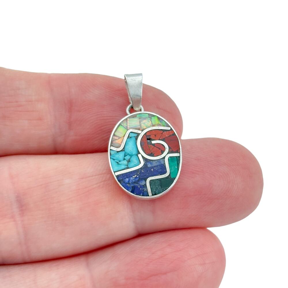 Vintage Sterling Silver 925 Multi Stone Mosaic Pendant